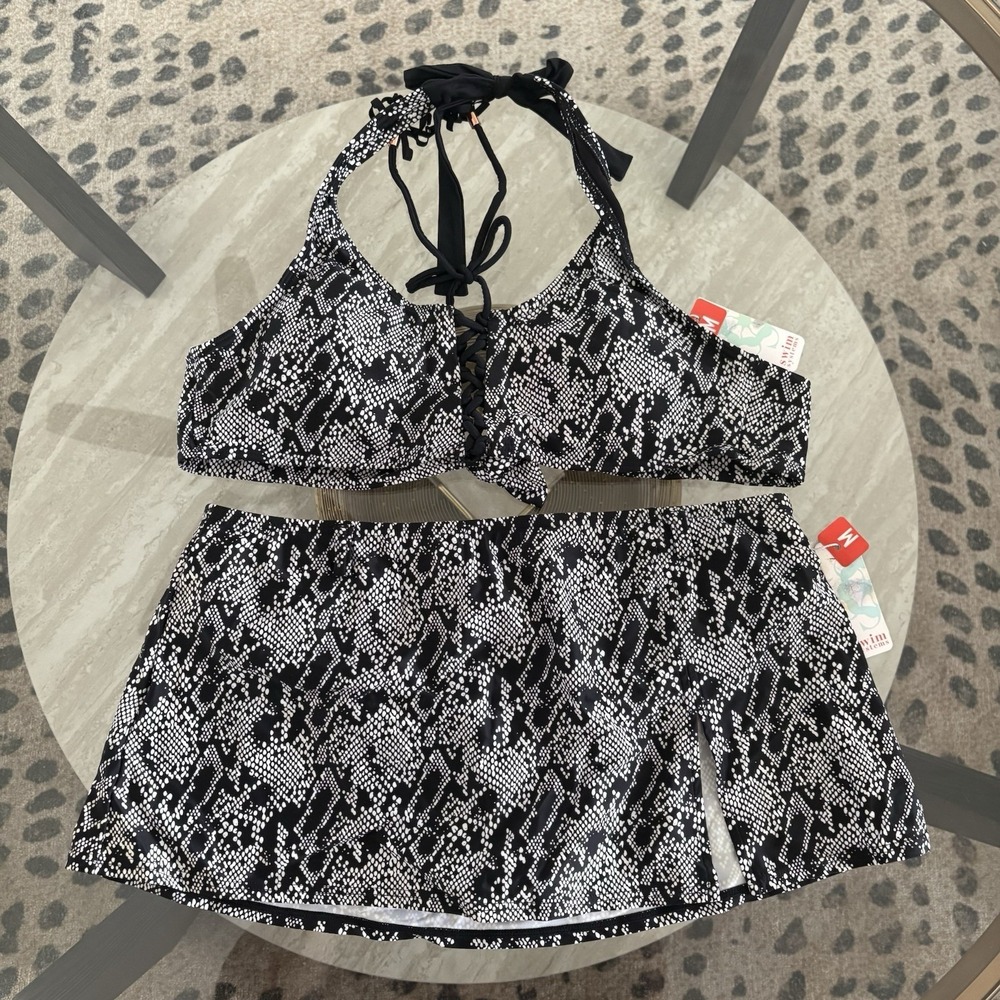 Swim Systems Bikini Set Black White Adjustable Strap Tie Back Size M Snake print